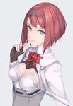  ark_royal_(kantai_collection) blue_eyes bob_cut bow breasts brown_gloves cleavage cleavage_cutout dated fingerless_gloves gloves grey_background jacket kantai_collection lips looking_at_viewer red_hair rokuwata_tomoe short_hair simple_background small_breasts smile solo tiara white_corset white_jacket 