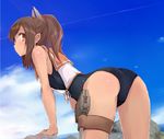  arm_support ass beach blue_swimsuit blush brown_eyes brown_hair closed_mouth cloud day gun hair_ornament hairclip i-401_(kantai_collection) kantai_collection leaning_forward long_hair looking_at_viewer ocean outdoors ponytail rock school_swimsuit sky solo swimsuit tan thigh_strap weapon yumesato_makura 