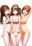  :d absurdres arm_at_side arm_up armpits bikini blue_eyes breasts brown_eyes brown_hair closed_mouth contrapposto cowboy_shot eyebrows_visible_through_hair front-tie_bikini front-tie_top girl_sandwich green_eyes halterneck highres honda_mio idolmaster idolmaster_cinderella_girls long_hair looking_at_viewer medium_breasts meto31 multiple_girls navel new_generations non-web_source open_mouth pink_bikini purple_bikini sandwiched scan shibuya_rin shimamura_uzuki short_hair simple_background small_breasts smile standing swimsuit white_background yellow_bikini 