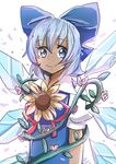  absurdres bangs blue_bow blue_dress blue_eyes blush_stickers bow cirno closed_mouth dress eyebrows_visible_through_hair flower hair_bow highres ice ice_wings light_blue_hair looking_at_viewer petals pinafore_dress plant puffy_short_sleeves puffy_sleeves red_ribbon ribbon sanzuri shirt short_hair short_sleeves smile solo standing sunflower tan tanned_cirno tareme touhou vines white_background white_shirt wings 