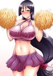  alternate_costume bare_arms bare_shoulders black_hair blush breasts character_name cheerleader cleavage cleavage_cutout clothes_writing collarbone commentary_request crop_top fate/grand_order fate_(series) flying_sweatdrops gradient gradient_background hands_up highres kanno_takanori large_breasts long_hair looking_at_viewer low-tied_long_hair midriff minamoto_no_raikou_(fate/grand_order) navel pleated_skirt pom_poms purple_eyes purple_skirt shiny shiny_hair skirt smile solo stomach sweatdrop thighs very_long_hair white_background 
