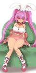  animal_ears bangs bare_shoulders blush breasts bunny_ears cleavage closed_mouth couch di_gi_charat dice_hair_ornament dress eyebrows_visible_through_hair full_body hair_ornament highres knees_together_feet_apart large_breasts lavender_hair lifted_by_self long_hair looking_at_viewer neck_ribbon on_couch panties pink_footwear pink_panties ribbon sash shoes simple_background sitting skirt skirt_lift socks solo sumiyao_(amam) sweat twintails underwear usada_hikaru very_long_hair white_background white_dress white_legwear 