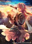  bangs commentary company_connection copyright_name eyebrows_visible_through_hair fire_emblem fire_emblem_cipher fire_emblem_if flower gloves hairband holding holding_sword holding_weapon looking_at_viewer looking_back official_art open_mouth outdoors pink_hair red_eyes scar shield skirt soleil_(fire_emblem_if) solo star_(sky) sunset sword wada_sachiko weapon 