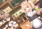  :3 animal_ears apron aqua_eyes bespectacled blonde_hair blush breasts brown_hair cat_ears cat_tail choker cleavage coffee_grinder commentary cup dutch_angle fang glasses hand_on_hip highres iijima_yun long_sleeves looking_at_viewer maid maid_apron maid_headdress medium_breasts multiple_girls new_game! open_mouth paw_pose plate restaurant shinoda_hajime tail teacup toaster_oven tray two_side_up yellow_eyes yoku_yoo 