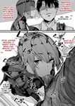  1boy 1girl 2koma :&gt;= absurdres blush bodysuit breasts cheek_bulge comic expressionless fate/grand_order fate_(series) fellatio fujimaru_ritsuka_(male) hard_translated hetero highres long_hair male_pubic_hair oosawara_sadao oral pauldrons penis pubic_hair scathach_(fate/grand_order) smile tongue tongue_out translated uncensored 