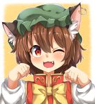 ;3 ;d animal_ears bangs blush bow bowtie brown_hair cat_ears chen earrings eyebrows_visible_through_hair fang frills green_hat hair_between_eyes hands_up hat jewelry long_sleeves looking_at_viewer mob_cap neko_pachi one_eye_closed open_mouth outline paw_pose red_eyes simple_background smile solo tareme touhou upper_body white_outline yellow_background yellow_bow yellow_neckwear 