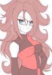  1girl android_21 arm_warmers artist_request big_hair black-framed_glasses blue_eyes brown_hair curly_hair dragon_ball dragon_ball_fighterz earrings female glasses hoop_earrings long_hair multicolored_clothes multicolored_dress simple_background solo white_background 
