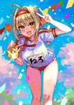  :d ahoge ass_visible_through_thighs bangs blonde_hair blurry blush bow braid breasts buruma character_name cloud confetti covered_nipples day depth_of_field double_vertical_stripe eyebrows_visible_through_hair fate/extra fate/grand_order fate_(series) flag french_braid glint gold green_eyes gym_shirt gym_uniform hair_between_eyes hair_bun hair_intakes hand_up hanging_breasts happy headband heart hips holding jewelry large_breasts leaning_forward looking_at_viewer medal moze name_tag necklace nero_claudius_(fate) nero_claudius_(fate)_(all) olympian_bloomers open_mouth outdoors red_bow red_buruma red_headband shirt short_sleeves sidelocks sky smile solo sparkle spoken_heart standing string_of_flags thighs translated tree v white_shirt 