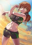  abs aokihoshi bare_shoulders bike_shorts bow breasts brown_eyes brown_hair cloud cowboy_shot hair_bow highres large_breasts long_hair looking_at_viewer midriff navel ponytail short_shorts shorts smile solo sports_bra stretch thighs track_and_field 