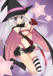  ayachi_nene belt blush bow breasts cleavage gun hat highres long_hair looking_at_viewer medium_breasts open_mouth purple_eyes ribbon ryuushaku sanoba_witch silver_hair skirt solo thighhighs weapon witch_hat 