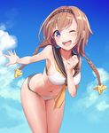  bare_shoulders bikini blue_sky blush braid breasts brown_hair cloud commentary day eyebrows_visible_through_hair hair_between_eyes hair_ornament headband kantai_collection konnyaku_(kk-monmon) large_breasts leaning_forward legs_together long_hair looking_at_viewer navel one_eye_closed open_mouth outdoors propeller_hair_ornament purple_eyes round_teeth sailor_collar shiny shiny_hair sky solo swimsuit teeth teruzuki_(kantai_collection) translated twin_braids 