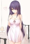  alternate_hair_length alternate_hairstyle arm_behind_back bare_shoulders bed bedroom breasts cleavage collarbone commentary dress eyepatch hair_over_one_eye hand_on_own_chest heart highres kantai_collection large_breasts long_hair looking_at_viewer nightgown purple_hair saku_(kudrove) smile solo spoken_heart tenryuu_(kantai_collection) upper_body white_dress yellow_eyes 