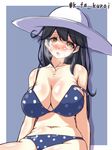  10s 1girl alternate_costume bare_legs bare_shoulders bikini black_hair blush breasts brown_eyes cleavage female hat heavy_breathing huge_breasts kantai_collection kuroi_k-ta long_hair looking_at_viewer navel open_mouth polka_dot polka_dot_swimsuit sitting solo sweat swimsuit ushio_(kantai_collection) 