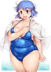  1girl blue_eyes blue_hair blush breasts fat fat_step-sister_(orizen) looking_at_viewer medium_breasts open_mouth original orizen plump short_hair smile solo standing swimsuit thick_thighs 