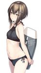  artist_name bikini black_bikini breasts brown_eyes brown_hair closed_mouth cowboy_shot dated ears_visible_through_hair from_side hair_between_eyes hair_ornament hairclip halterneck kantai_collection kickboard looking_at_viewer navel rokuwata_tomoe short_hair simple_background small_breasts solo swimsuit taihou_(kantai_collection) twitter_username white_background 