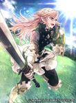  armor bangs commentary company_connection copyright_name day fire_emblem fire_emblem_cipher fire_emblem_if gloves grass hairband holding holding_sword holding_weapon leg_up official_art open_mouth outdoors pink_hair red_eyes shield skirt sky soleil_(fire_emblem_if) solo sunlight sword wada_sachiko weapon 