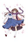  :3 :d bangs blue_skirt blunt_bangs bow brown_eyes brown_hair dress eyebrows_visible_through_hair floral_print frills full_body hair_ornament high-waist_skirt highres holding_clothes kisaragi_(princess_principal) long_hair long_sleeves looking_at_viewer official_art open_mouth princess_principal princess_principal_game_of_mission purple_scarf sandals scarf scarf_bow shirt skirt smile socks solo sparkle standing transparent_background twintails white_legwear white_shirt wide_sleeves 
