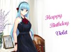  bangs bare_shoulders black_dress blue_eyes blue_hair blunt_bangs blush box breasts closers commentary_request cowboy_shot dress gift gift_box hair_ribbon hairband happy_birthday large_breasts long_hair looking_at_viewer photo_(object) ribbed_dress ribbon shaojiang sidelocks smile solo violet_(closers) wristband 