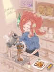  cafe closed_eyes coffee_beans coffee_pot collared_shirt commentary food m10shangrila octarian octoling red_hair shirt splatoon_(series) strainer takozonesu tentacle_hair waffle 