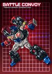  autobot blue_eyes character_name clenched_hand copyright_name full_body grid grid_background headgear looking_away machinery mecha no_humans optimus_prime paintedmike red_background solo transformers wheel 