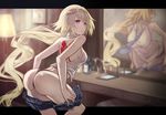  :o adjusting_clothes ass backless_outfit bangs bare_back bare_shoulders bent_over black_panties blonde_hair blue_eyes blue_neckwear brat breasts command_spell commentary_request cowboy_shot cup dressing drinking_glass fate/apocrypha fate_(series) indoors jeanne_d'arc_(fate) jeanne_d'arc_(fate)_(all) looking_at_viewer medium_breasts mirror necktie panties reflection short_shorts shorts solo underwear wine_glass 