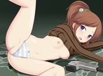  1girl ar_tonelico ar_tonelico_ii areolae blue_eyes blush breasts brown_hair hair_ornament looking_at_viewer lying navel nipples on_side open_mouth panties ponytail short_hair sincere_(ar_tonelico) small_breasts solo spread_legs tagme underwear 