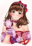  arm_ribbon bad_id bad_twitter_id bangs bare_shoulders beads blush bow bow_earrings brown_hair choker collarbone colored_pencil_(medium) commentary_request cross-laced_clothes dress earrings glove_bow gloves green_eyes hair_bow hair_ornament hairband head_tilt heart heart_hair_ornament highres idolmaster idolmaster_cinderella_girls idolmaster_cinderella_girls_starlight_stage inuono_mama jewelry lace lace-trimmed_choker lace-trimmed_gloves lace_trim looking_at_viewer parted_lips pendant pink_dress pink_gloves pinky_out puffy_short_sleeves puffy_sleeves red_bow red_ribbon ribbon sakuma_mayu short_sleeves signature simple_background smile solo traditional_media upper_body white_background 