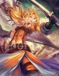  armor bangs belt blonde_hair briggid_(fire_emblem) commentary_request company_connection copyright_name dress fire_emblem fire_emblem:_seisen_no_keifu fire_emblem:_thracia_776 fire_emblem_cipher flag gloves holding holding_sword holding_weapon looking_away nij_24 official_art open_mouth shiny side_slit solo sword thigh_strap weapon yellow_eyes 