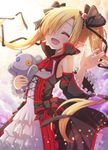  armpit_cutout bare_shoulders blonde_hair blush eyes_closed hair_over_one_eye lolita_fashion long_hair open_mouth plush_toy pointy_ears smile twintails 