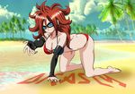  1girl all_fours android_21 arm_warmers ass barefoot beach big_hair bikini black-framed_glasses black_nails blue_eyes breasts butt_crack cleavage curly_hair dimples_of_venus dragon_ball dragon_ball_fighterz earrings feet full_body glasses hips hoop_earrings large_breasts lipstick multicolored_bikini nail_polish ocean outdoors red_hair sky smile solo thighs 