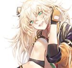  :d bangs black_gloves blonde_hair crossed_bangs girls_frontline gloves green_eyes hair_between_eyes knee_up long_hair looking_at_viewer messy_hair nin open_mouth orange_gloves s.a.t.8_(girls_frontline) simple_background sitting sleeves_past_elbows smile solo tsurime white_background 