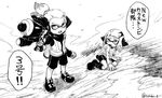  1girl aiming bangs bike_shorts black_shorts blunt_bangs commentary domino_mask fangs greyscale headgear hero_shot_(splatoon) highres holding holding_weapon inkling jacket long_sleeves looking_at_another mask monochrome pointy_ears scrunchie shirt shoes shorts single_vertical_stripe sitting sneakers splatoon_(series) splatoon_2 splattershot_(splatoon) squidbeak_splatoon standing super_soaker sweatdrop takobe tentacle_hair topknot vest weapon yokozuwari 