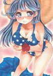  10s 1girl alternate_costume bare_legs bare_shoulders blue_eyes blue_hair blush breast_hold breasts cleavage curvy dosukoi_taiko female hat kantai_collection large_breasts leaning_forward long_hair looking_at_viewer one-piece_swimsuit polka_dot polka_dot_swimsuit scan skirt solo standing swimsuit tears torn_clothes traditional_media ushio_(kantai_collection) 