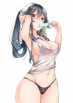  arm_up armpits bangs black_panties blue_hair blush breasts cleavage commentary_request cowboy_shot food hair_between_eyes hand_up highres holding holding_food kantai_collection large_breasts long_hair looking_at_viewer navel panties ponytail popsicle purple_eyes sidelocks simple_background solo tank_top thighs towel towel_on_head tsurime underwear very_long_hair wet white_background yahagi_(kantai_collection) yukishiro_arute 