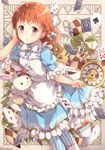  :o ace_of_spades ahoge alice_in_wonderland apron bangs blue_bow blue_dress blush bow bowtie braid bunny card center_frills checkerboard_cookie clock commentary_request cookie cup dress food frilled_apron frilled_sleeves frills hair_bow hand_in_hair joker looking_at_viewer love_live! love_live!_sunshine!! neck_ruff niwasane_(saneatsu03) orange_hair playing_card red_eyes saucer short_hair side_braid skirt_hold solo striped striped_legwear takami_chika teacup twitter_username vertical-striped_legwear vertical_stripes winding_key 