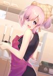  :d alternate_hairstyle apron bare_arms bare_shoulders black_dress blurry blurry_background blush cabinet commentary_request dress eyebrows_visible_through_hair fate/grand_order fate_(series) from_side frying_pan hair_over_one_eye head_scarf hisayaki_kyuu holding indoors kitchen lips looking_at_viewer looking_to_the_side mash_kyrielight open_mouth pink_apron pink_eyes pink_hair ponytail pot shiny shiny_hair short_hair sleeveless sleeveless_dress smile solo spatula upper_body 