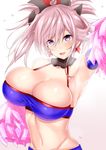  :d adapted_costume armpits bangs blue_eyes blush breasts cheerleader cleavage collarbone commentary_request earrings fate/grand_order fate_(series) groin hair_ornament highres jewelry large_breasts long_hair looking_at_viewer miyamoto_musashi_(fate/grand_order) navel open_mouth pink_hair pom_pom_(clothes) ponytail sankakusui skindentation smile solo stomach upper_body 
