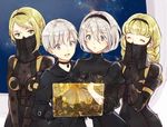  3girls blonde_hair braid choker green_eyes hairband holographic_monitor mole mole_under_mouth multiple_girls nier_(series) nier_automata open_mouth operator_21o operator_6o sami_(3a3i3a3i) silver_hair space twin_braids veil window yorha_no._2_type_b yorha_no._9_type_s 