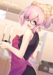  :d alternate_hairstyle apron bare_arms bare_shoulders black-framed_eyewear black_dress blurry blurry_background blush cabinet commentary_request dress eyebrows_visible_through_hair fate/grand_order fate_(series) from_side frying_pan glasses hair_over_one_eye head_scarf hisayaki_kyuu holding indoors kitchen lips looking_at_viewer looking_to_the_side mash_kyrielight open_mouth pink_apron pink_eyes pink_hair ponytail pot shiny shiny_hair short_hair sleeveless sleeveless_dress smile solo spatula upper_body 