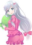  ass bangs blush bow commentary_request eromanga_sensei eyebrows_visible_through_hair from_behind hair_bow holding izumi_sagiri long_hair looking_at_viewer looking_back low-tied_long_hair maccha open_mouth pajamas pink_bow simple_background solo stuffed_animal stuffed_octopus stuffed_toy tareme thighs white_background 