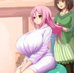  2girls aizawa_momoka bathrobe black_hair blush breasts brown_eyes btk female hair_comb honoo_no_haramase_paidol_my_star_gakuen_z huge_breasts long_hair multiple_girls open_mouth pink_hair sitting small_breasts smile squeez yellow_eyes 