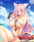 animal_ears beach bikini blue_eyes blue_sky blush breasts cat_ears closed_mouth cloud cloudy_sky collarbone commentary_request covered_nipples crab criss-cross_halter day eyewear_removed hair_over_one_eye halterneck holding holding_eyewear indian_style large_breasts long_hair looking_at_viewer micro_bikini official_art outdoors pink_hair pochadon sengoku_bushouki_muramasa sitting skindentation sky smile solo sunglasses sunlight swimsuit wet white_bikini 