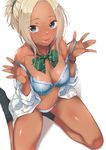  :p bangs black_legwear blue_bra blue_eyes blue_panties bow bowtie bra breasts cleavage dark_skin doushimasho from_above green_scrunchie hair_ornament hair_scrunchie large_breasts light_brown_hair lips looking_at_viewer looking_up navel off_shoulder open_clothes open_mouth open_shirt original outstretched_hand panties parted_bangs scrunchie shirt short_hair short_ponytail simple_background sitting socks solo strap_lift sweat tongue tongue_out underwear undressing white_background wristband yokozuwari 