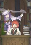  alternate_hair_length alternate_hairstyle bangs bat_wings blunt_bangs book book_hug book_stack bookshelf capelet collared_shirt crescent crescent_moon_pin cup desk door dress dress_shirt eyelashes foresty frown hair_ribbon hat head_wings highres holding holding_book inkwell koakuma leaning_to_the_side library long_hair long_sleeves mob_cap multiple_girls necktie one_eye_closed open_book open_door patchouli_knowledge plant potted_plant purple_dress purple_eyes purple_hair quill red_eyes red_hair red_neckwear ribbon role_reversal shirt short_hair sitting smile standing steam striped striped_dress teacup touhou tress_ribbon very_long_hair vest voile white_shirt wide_sleeves wings writing 