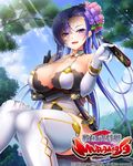  :d asymmetrical_hair bare_shoulders blue_hair blue_sky blush breast_hold breasts cleavage cloud commentary_request day elbow_gloves fan flower folding_fan gloves hair_flower hair_ornament hair_ribbon katana large_breasts long_hair looking_at_viewer official_art open_mouth pochadon purple_eyes ribbon sengoku_bushouki_muramasa sidelocks sitting sky smile solo sunlight sword thighhighs v-shaped_eyebrows very_long_hair weapon white_gloves white_legwear 