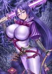  bodysuit breasts cleavage commentary_request fate/grand_order fate_(series) highres large_breasts long_hair looking_at_viewer masatoki minamoto_no_raikou_(fate/grand_order) navel purple_eyes purple_hair smile solo sword thunder very_long_hair weapon 