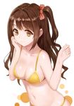  absurdres bikini bow breasts brown_eyes brown_hair cleavage closed_mouth cowboy_shot hair_bow hair_intakes hand_on_own_cheek highres idolmaster idolmaster_cinderella_girls leaning_forward long_hair looking_at_viewer medium_breasts meto31 navel non-web_source one_side_up scan shimamura_uzuki simple_background smile solo swimsuit white_background yellow_bikini 