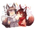  2girls animal_ears closed_eyes coat commentary_request eating eyebrows_visible_through_hair fox_ears fox_girl fox_tail hair_between_eyes highres long_hair multiple_girls multiple_tails original red_scarf scarf sukemyon sweatdrop tail translation_request 