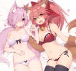  2girls :d animal_ear_fluff animal_ears bell bell_collar black_legwear blush bow bow_bra bow_panties bra breasts cleavage collar commentary_request fang fate/grand_order fate_(series) fox_ears fox_tail frilled_bra frills gloves hair_bow hair_over_one_eye kemonomimi_mode lavender_hair lingerie mash_kyrielight medium_breasts multiple_girls muryotaro open_mouth panties paw_gloves paws pink_hair ponytail purple_eyes red_bra short_hair side-tie_panties smile tail tamamo_(fate)_(all) tamamo_cat_(fate) thighhighs underwear yellow_eyes 