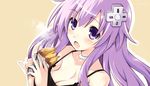  :o artist_name beige_background blush breasts choujigen_game_neptune cleavage collar collarbone d-pad d-pad_hair_ornament eyebrows_visible_through_hair food food_on_face hair_ornament holding holding_food iwasi-r long_hair looking_at_viewer medium_breasts nepgear neptune_(series) no_bra open_mouth outline potato purple_eyes purple_hair shirt simple_background steam strap_gap sweet_potato upper_body 